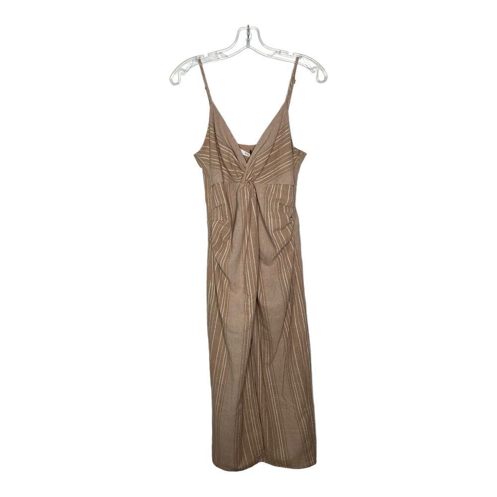Mustard Seed Women’sDress Medium Cotton Twist Front Tan Stripes Midi Lagenlook - Picture 3 of 15